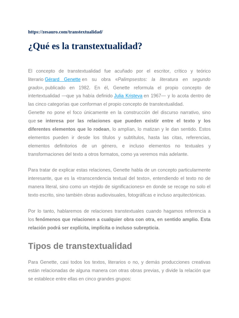 Tipos de Transtextualidad en Literatura | PDF | Intertextualidad
