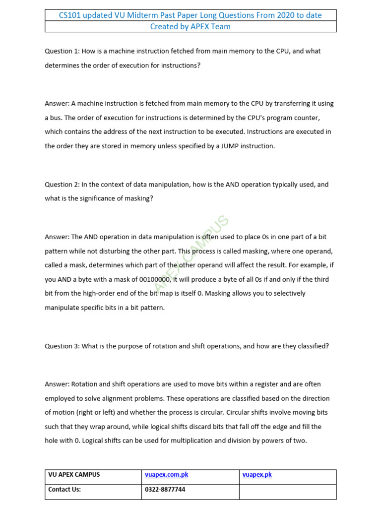 CS101 VU Midterm Past Paper Questions | PDF | Bit | Central Processing Unit