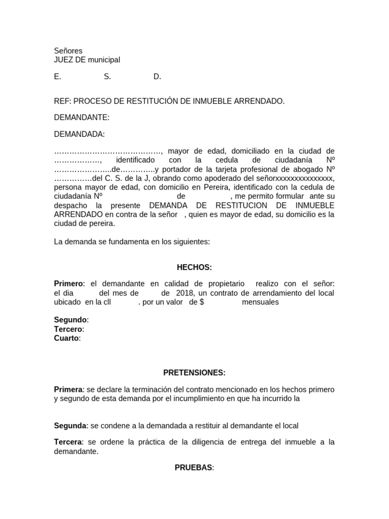 Demanda de Restitución de Inmueble Arrendado | PDF | Justicia | Crimen ...
