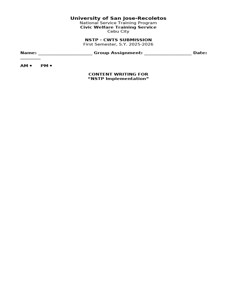 Template For The CWTS Assignment On NSTP Implementation | PDF