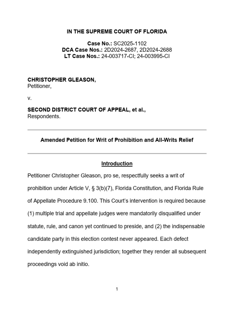Gleason V Marcus Emergency Petition For Writ of Prohibition | PDF ...