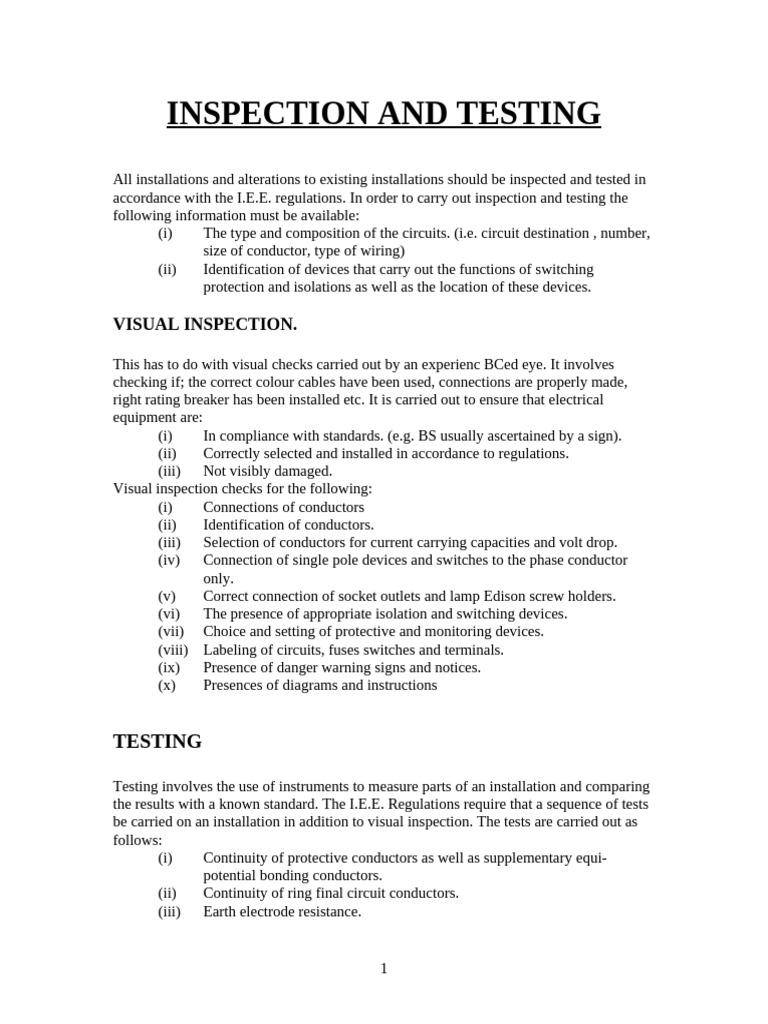 Electrical Inspection and Testing Guide | PDF | Insulator (Electricity ...