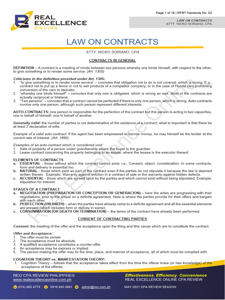 RFBT 2. Law On Contracts | PDF | Lease | Legal Concepts