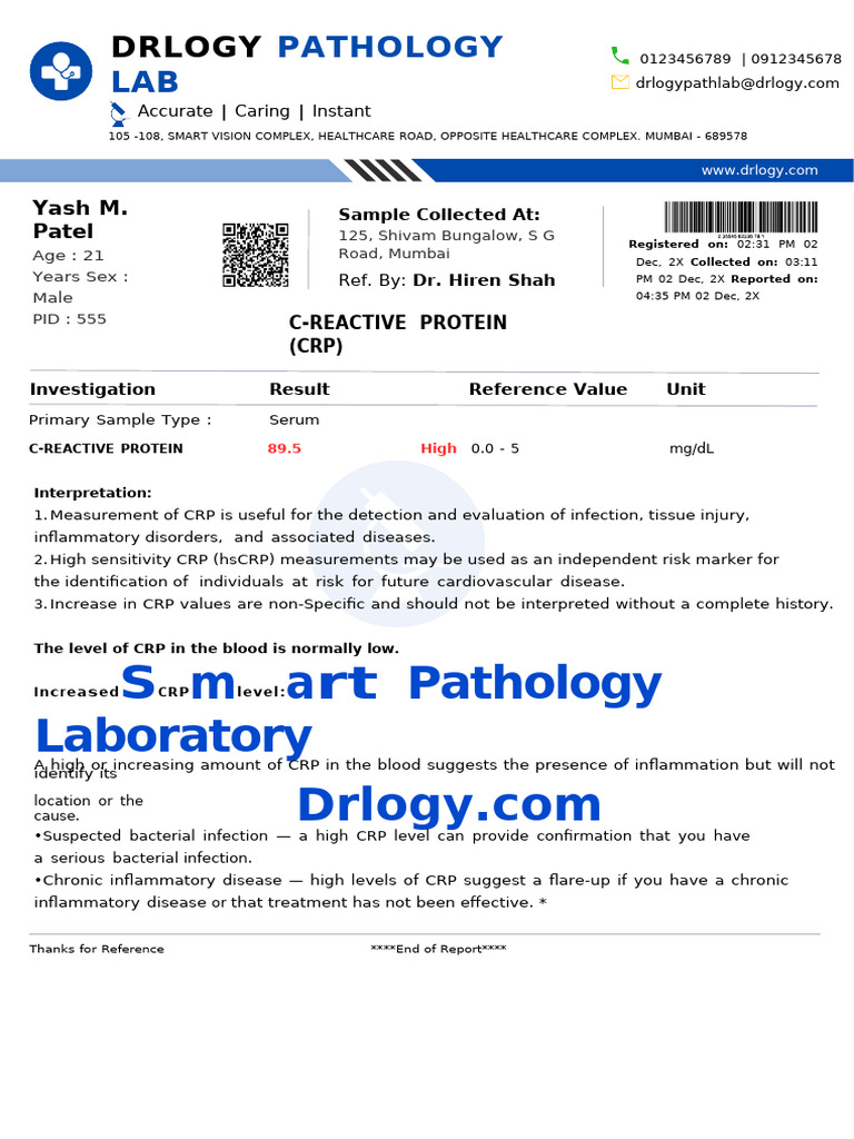 CRP Test Report Format Example Sample Template Drlogy Lab Report | PDF ...