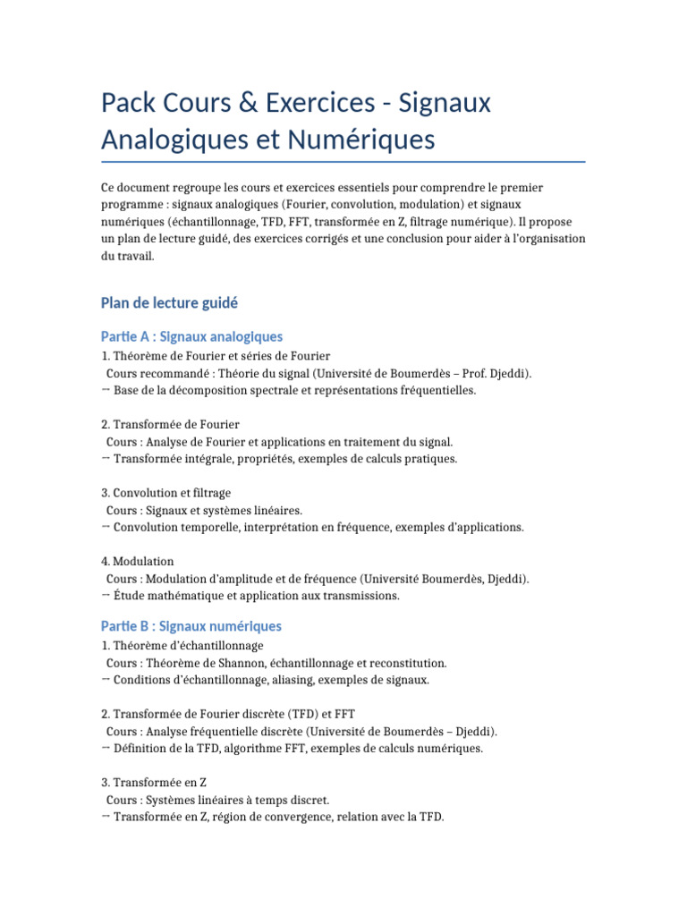 Cours et Exercices sur Signaux Numériques | PDF | Transformation de ...
