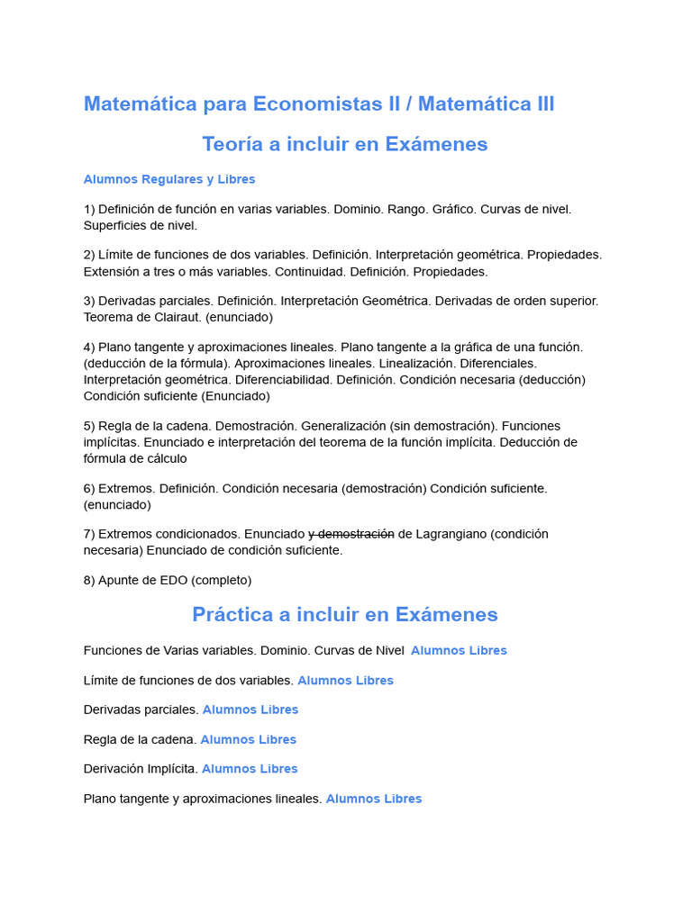 Matemática para Economistas II: Temas Clave | PDF | Derivado | Ecuación ...