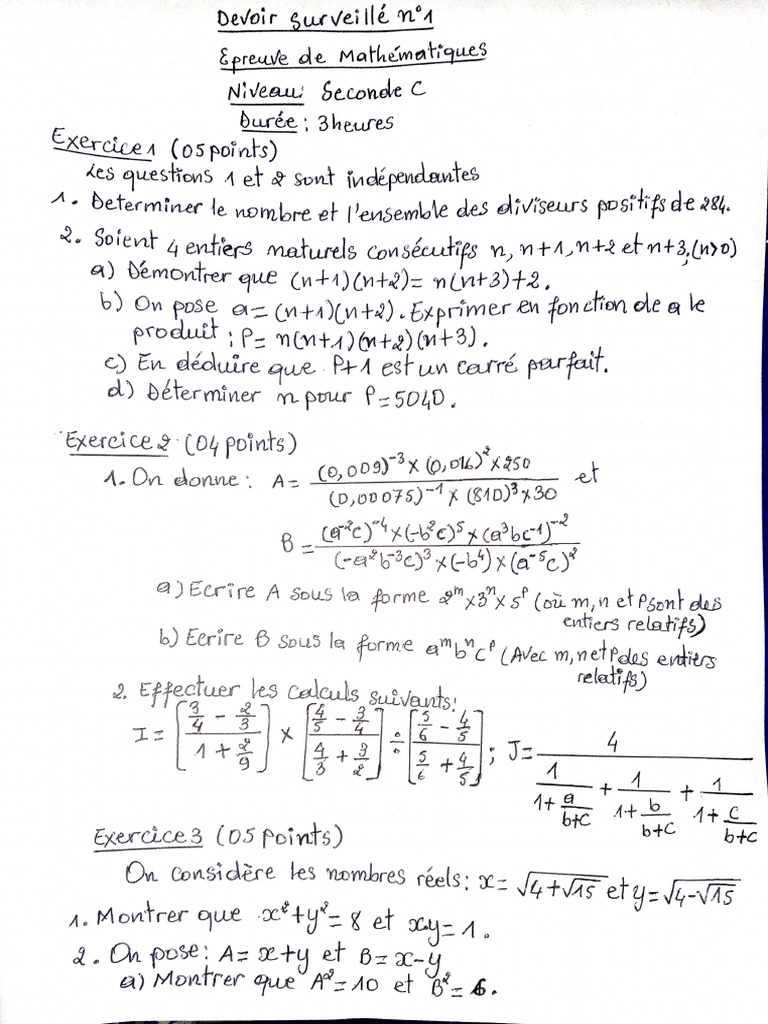 Devoir N°1 2nde C | PDF