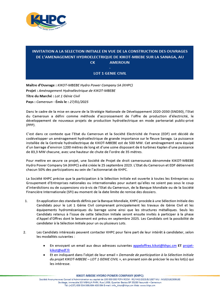 Sélection Initiale Lot 1 Génie Civil KHPC | PDF | Énergie ...