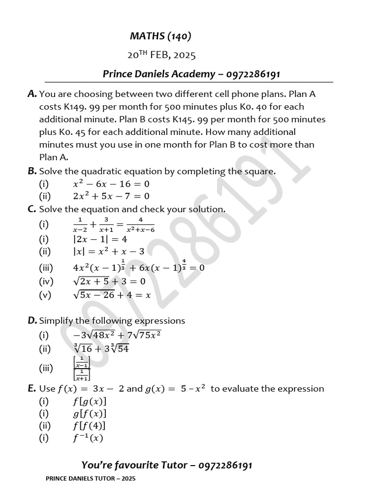 Maths (140) - 20th Feb | PDF