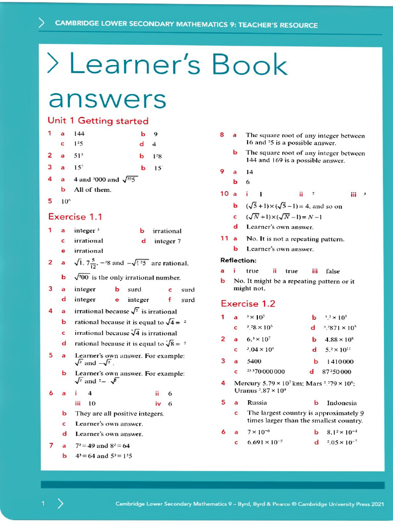 Math Learner's Book 9 Answer Key | PDF