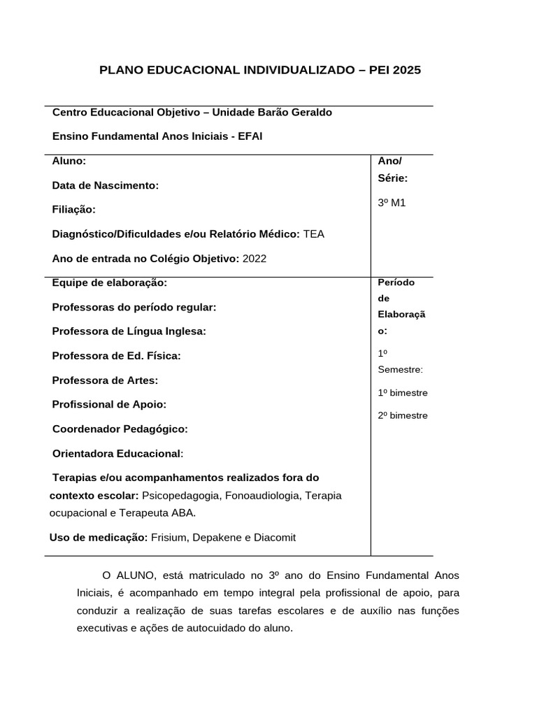 PEI 2025: Plano Educacional Individualizado | PDF | Pedagogia | Aprendizado