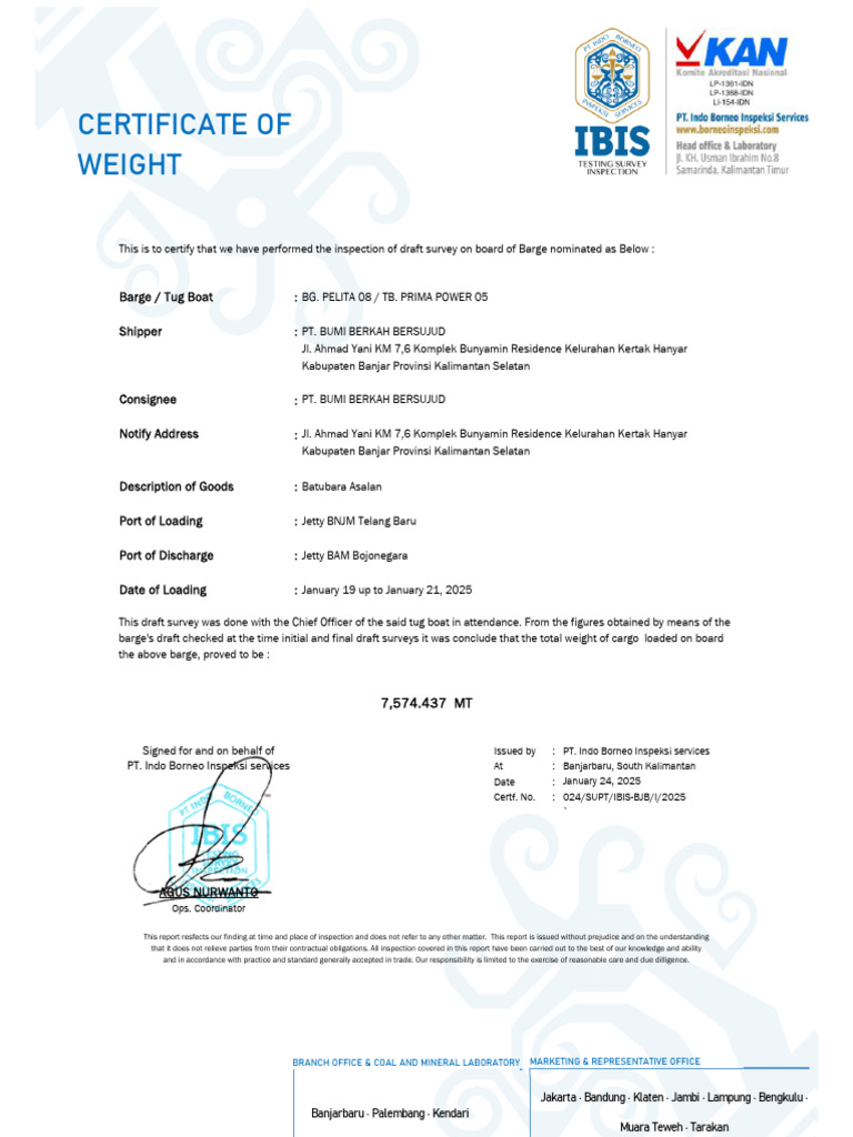 Coal Shipment Inspection Certificate | PDF