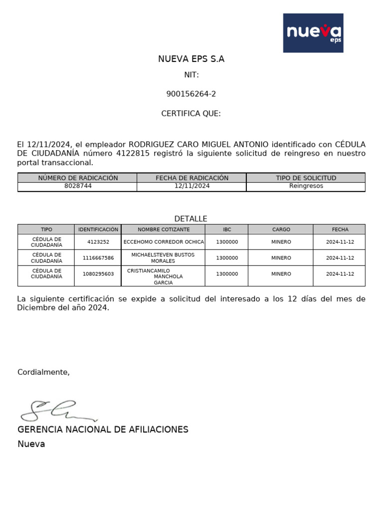 Certificación de Reingreso Nueva EPS | PDF