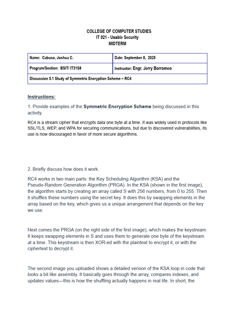 CABUSO - Discussion 5.1 Study of Symmetric Encryption Scheme - RC4 | PDF