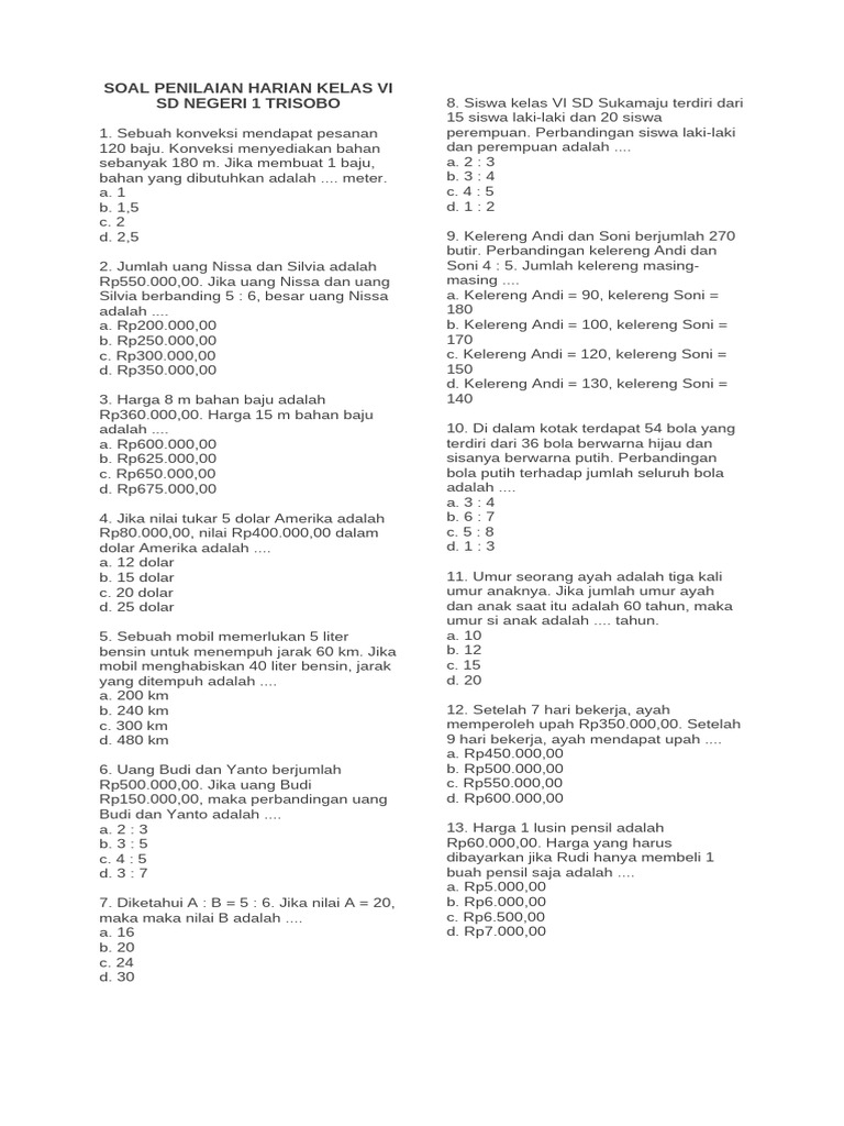 Soal Rasio Penilaian Harian Kelas 6 SD | PDF