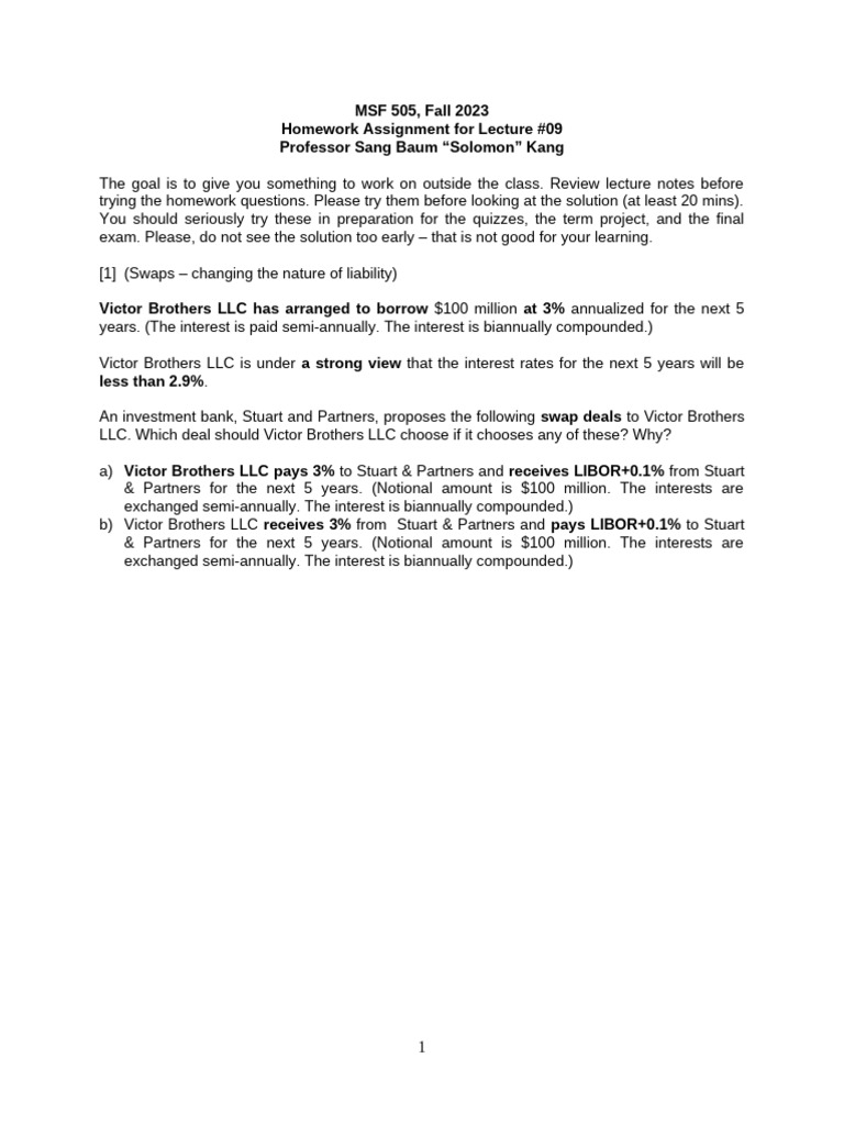 MSF 505 Fall 2023 Homework: Swaps Analysis | PDF | Swap (Finance) | Libor