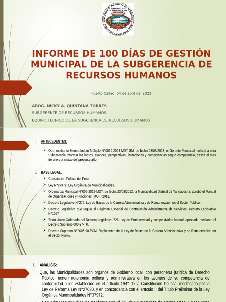Informe 100 Días de Gestión RRHH MDY | PDF | Gestión de recursos ...