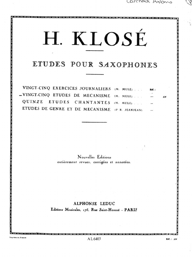 25 Etudes De Mecanisme Saxophone H Klose Marcel Mule