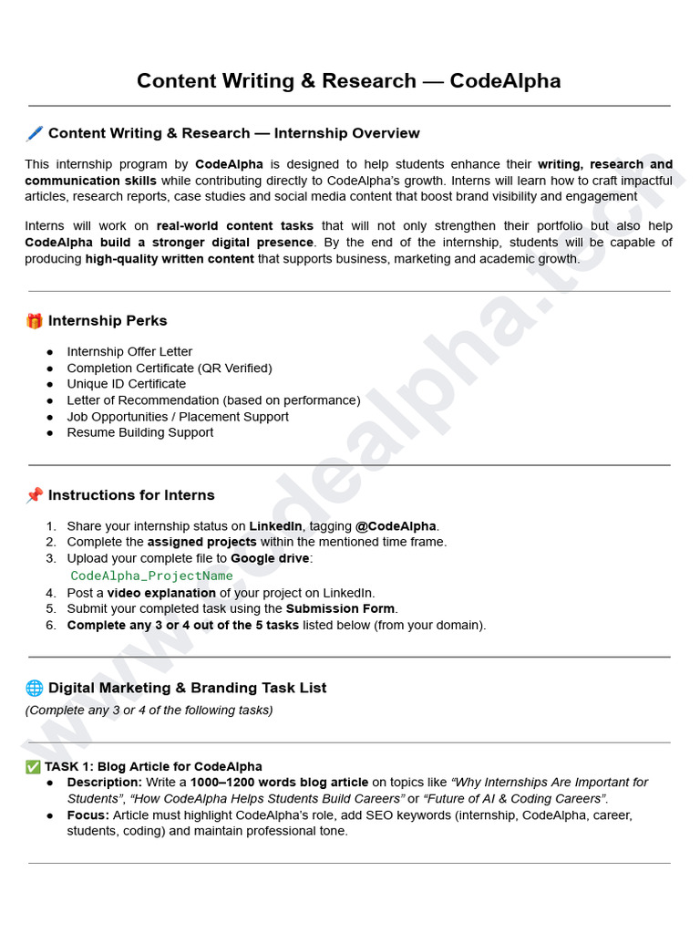 CodeAlpha Content Writing Internship | PDF | World Wide Web | Internet ...