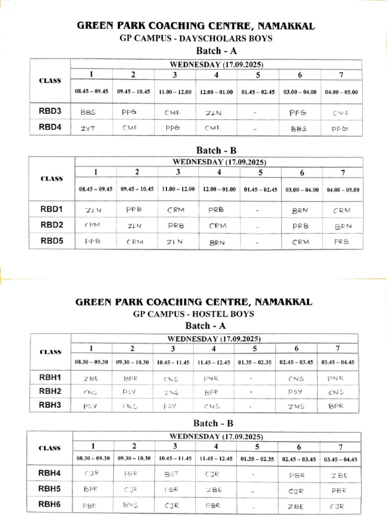 Class Schedule for Green Park Coaching | PDF