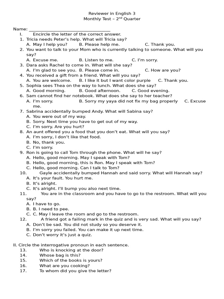 Reviewer in English 3 - Monthly Test | PDF