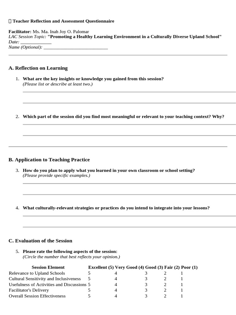 ? Teacher Reflection and Assessment Questionnaire | PDF