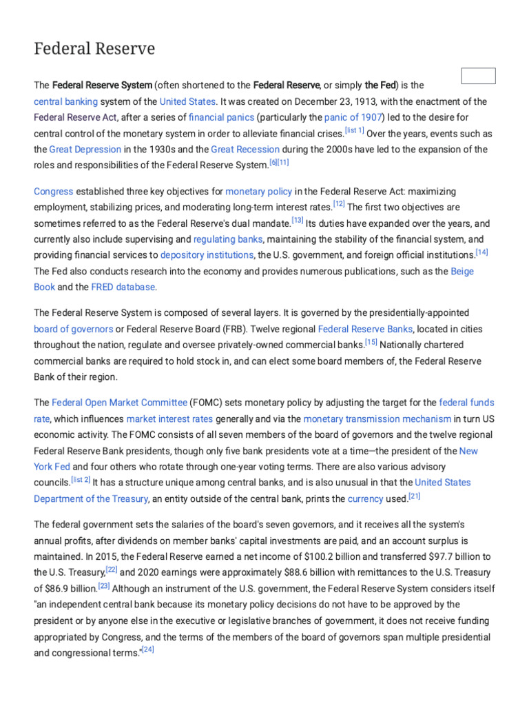 Federal Reserve - Wikipedia | PDF | Federal Reserve | Federal Funds Rate