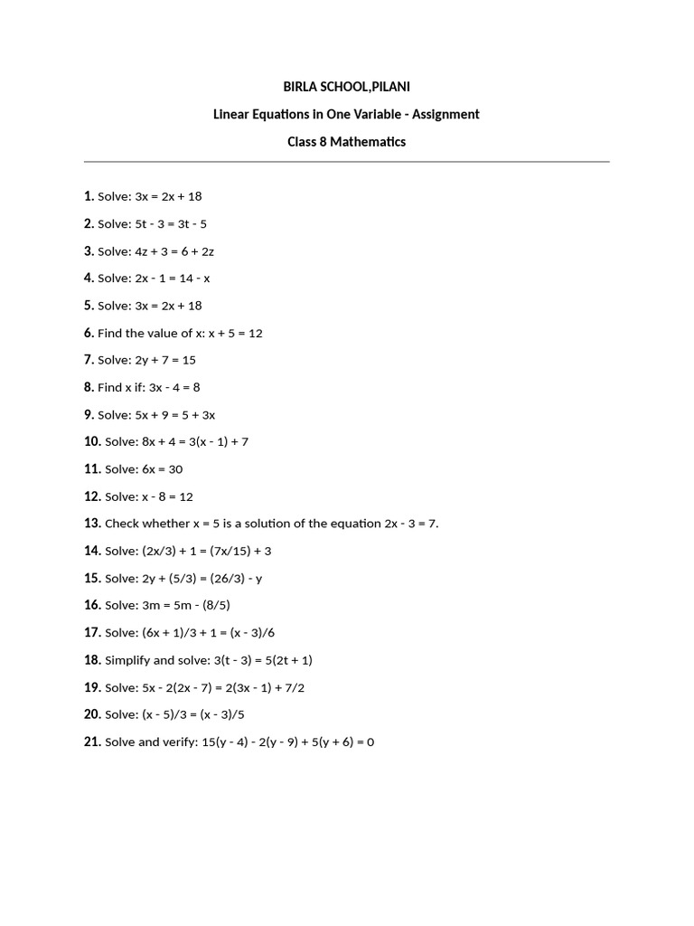 Linear Equations in One Variable ASSIGNMENT | PDF