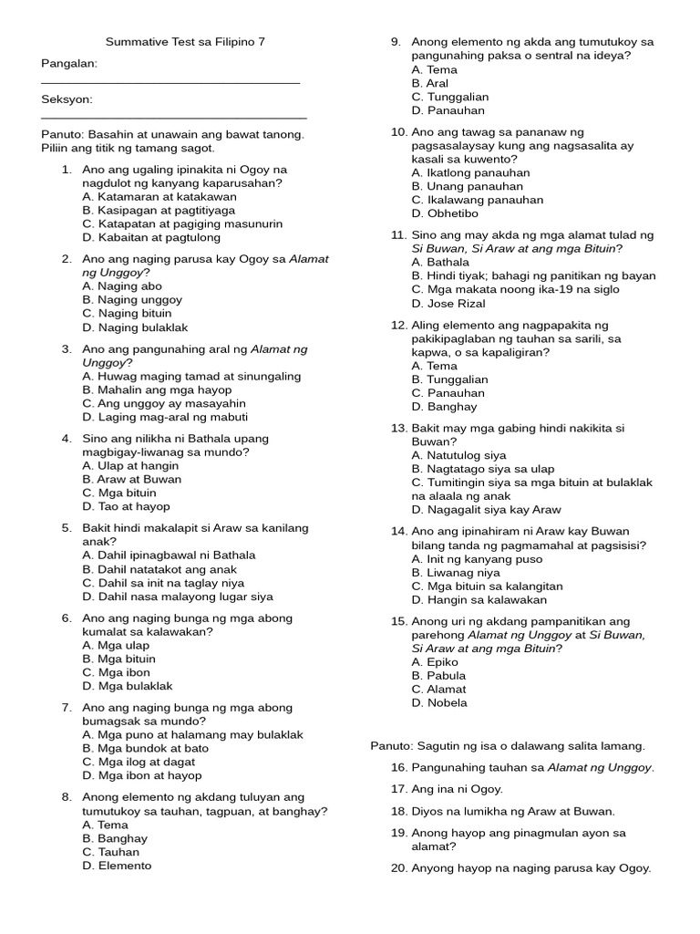 Summative Test Sa Filipino 7 2nd Quarter | PDF