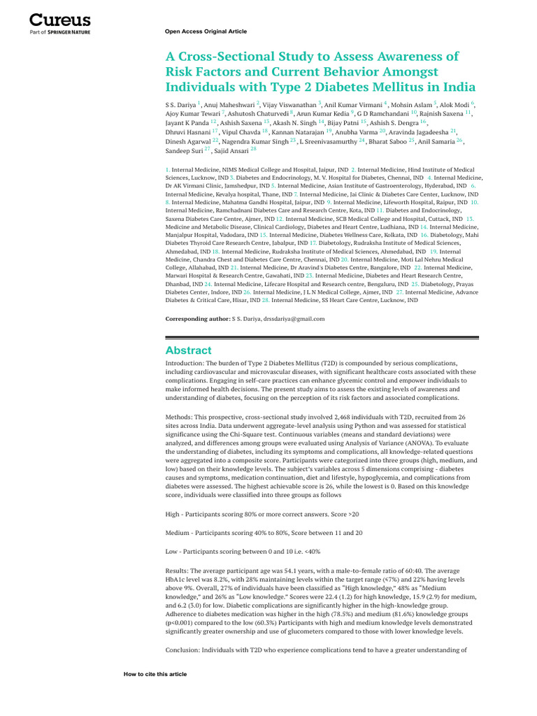 A Cross-Sectional Study To Assess Awareness of Risk Factors and Current ...