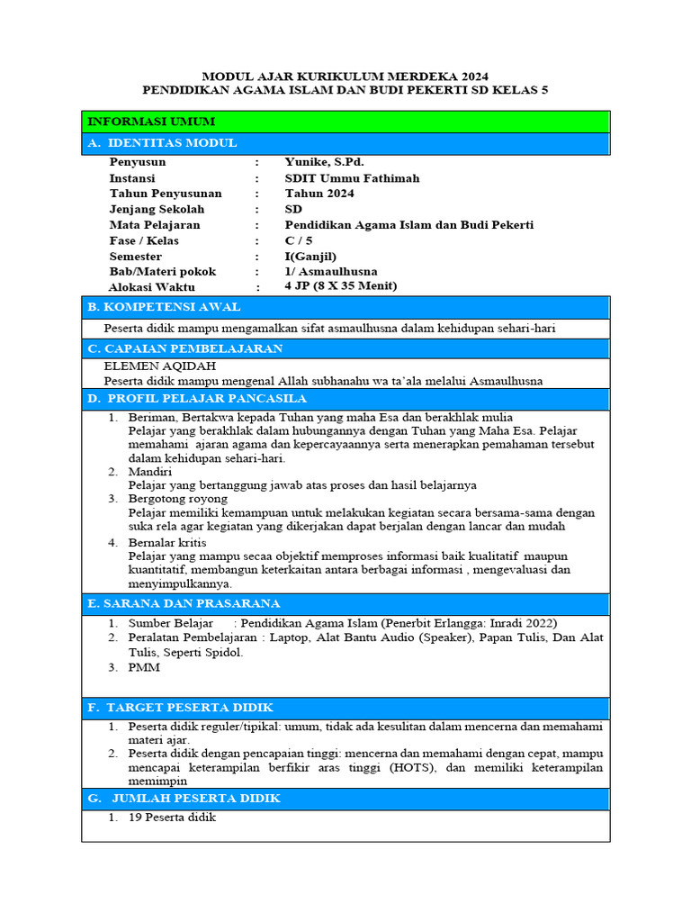 Modul Ajar PAI Kelas 5 SD 2024 | PDF
