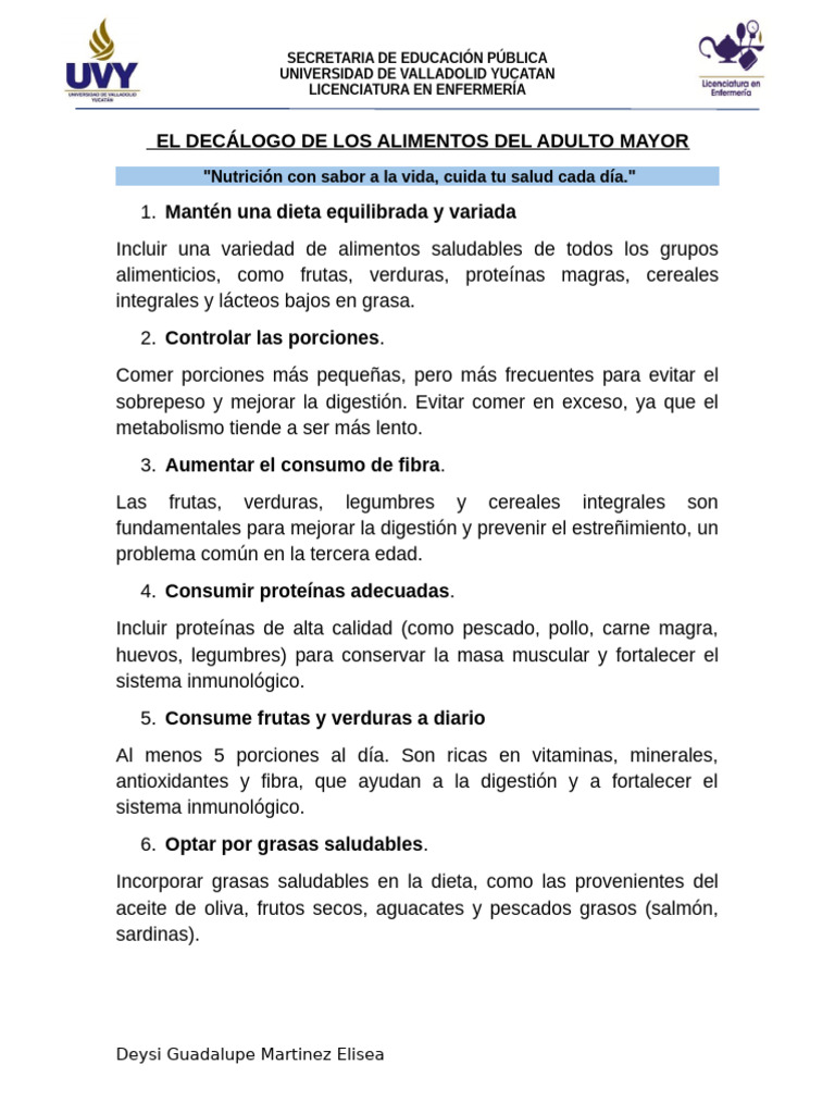 Decálogo de Alimentación para Adultos Mayores | PDF | Alimentos | Fruta