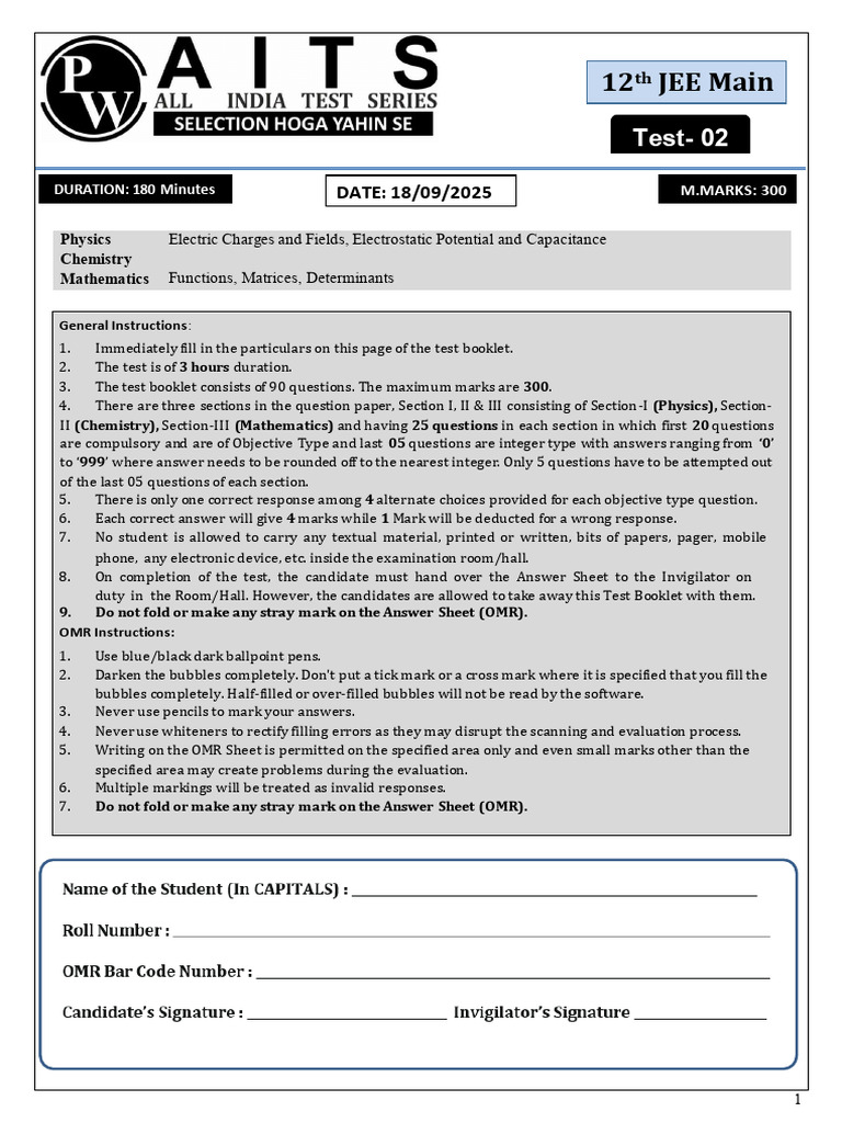 JEE Main Physics Chemistry Math Test Guide | PDF | Capacitor | Capacitance