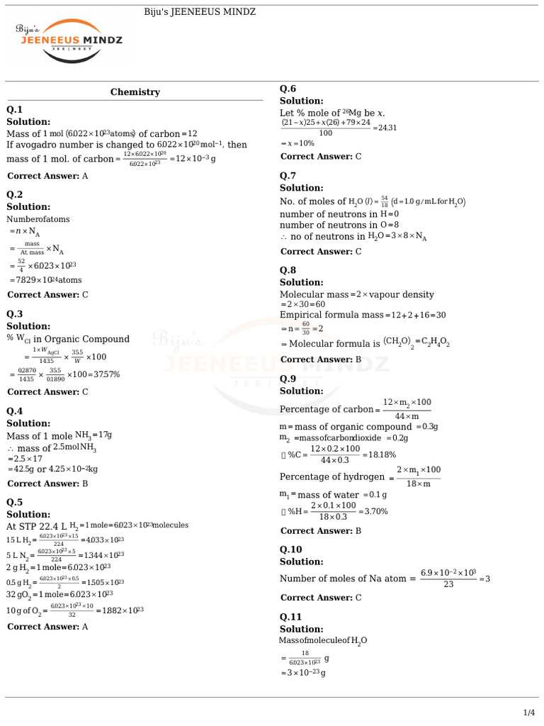 Neet Mole Concept SET B-Solution PDF | PDF | Mole (Unit) | Molecules