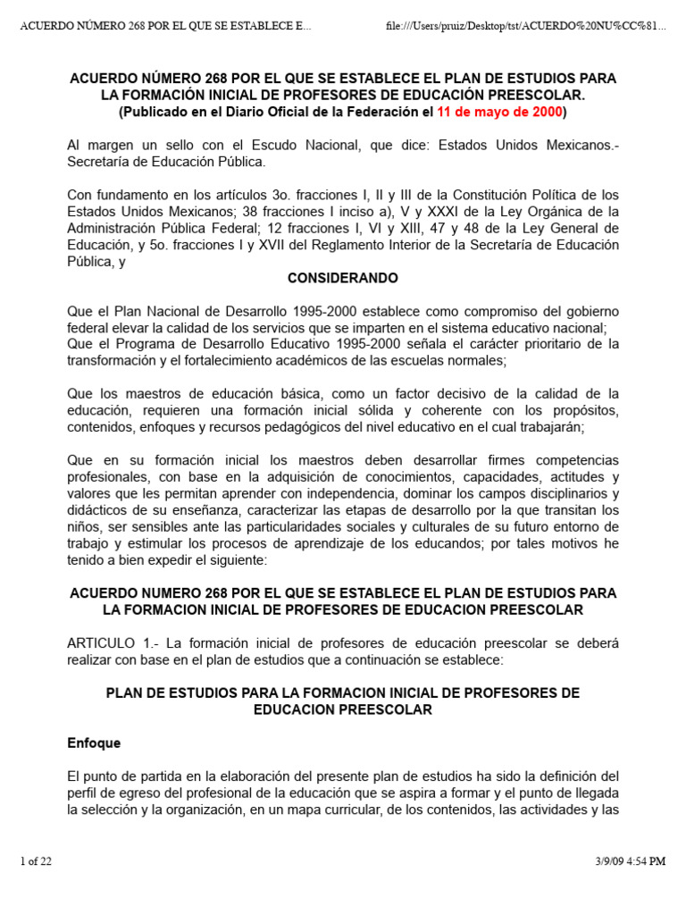 Acuerdo 268 LEPE | PDF | Plan de estudios | Educación de la primera ...