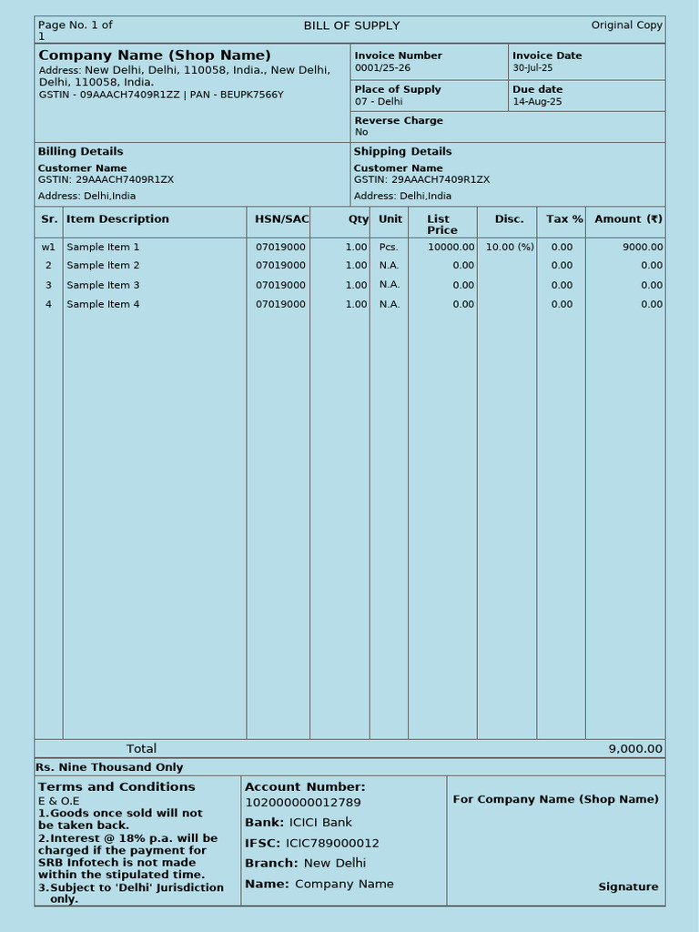 Bill of Supply - GSTIN 09AAACH7409R1ZZ | PDF