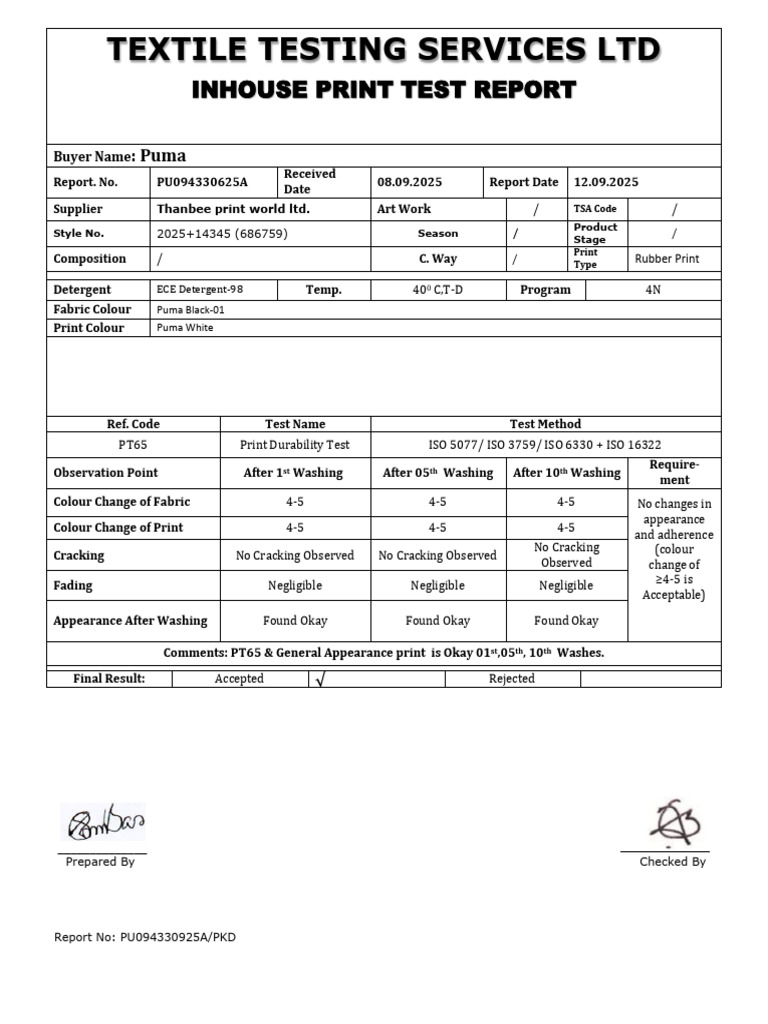 Puma Print Durability Test Report | PDF | Materials | Textiles