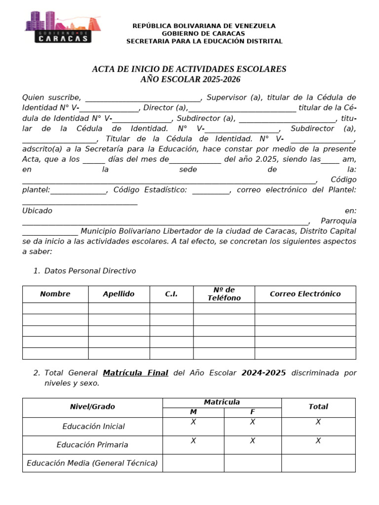 Acta de Inicio Año Escolar 2025-2026 | PDF