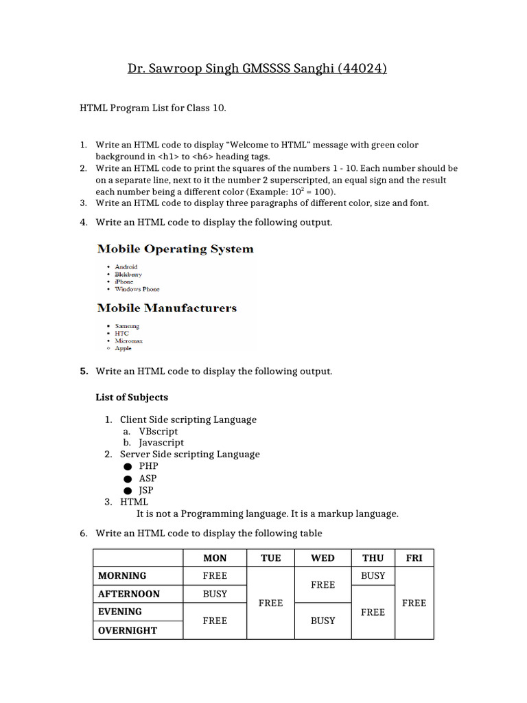 Class 10 HTML Programming Tasks | PDF