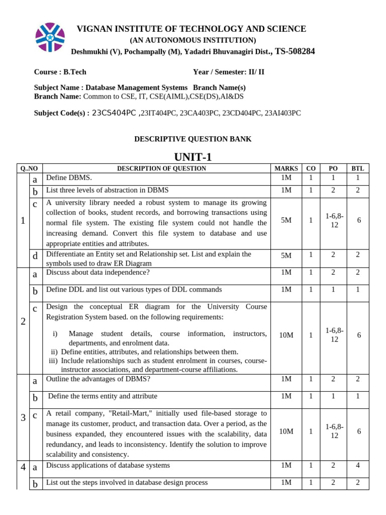Database Management Systems Question Bank | PDF | Database Index ...