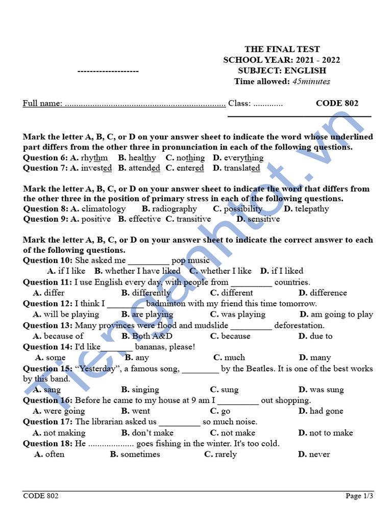 English Final Test 2021-2022 | PDF | Wireless | Communication