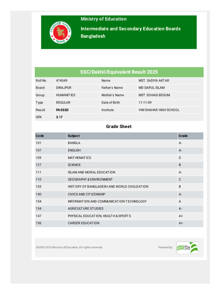 SSC Result 2025 for MST. Sadiya Aktar | PDF