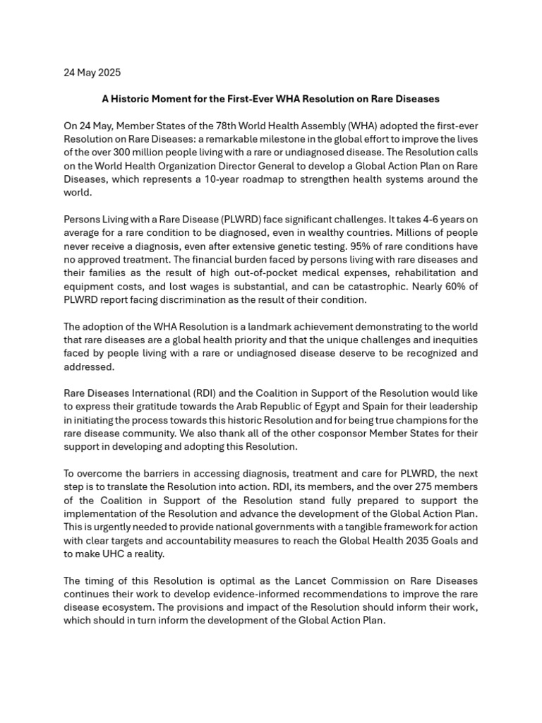 2025 A Historic Moment For The First-Ever WHA Resolution On Rare ...
