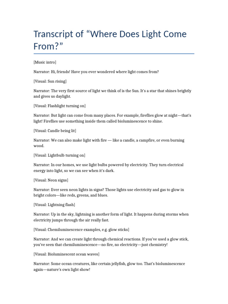Where Does Light Come From Transcript | PDF
