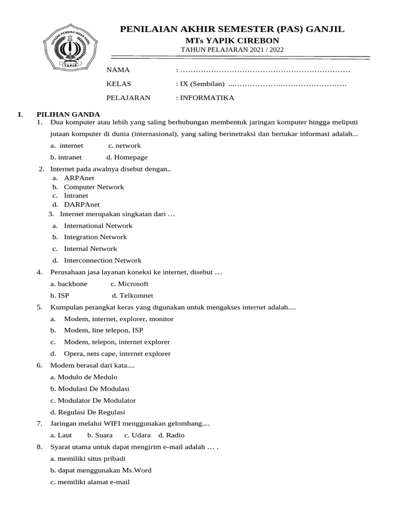 PAS Informatika Kelas IX MTs YAPIK Cirebon | PDF