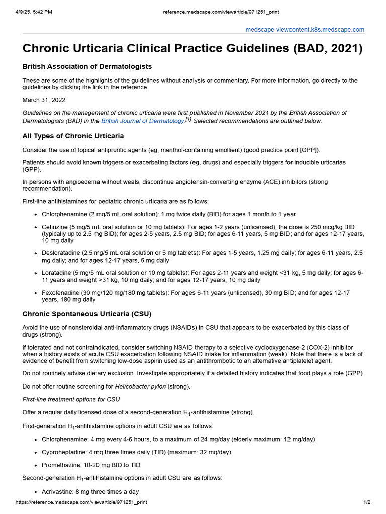 Chronic Urticaria Management Guidelines | PDF | Nonsteroidal Anti ...