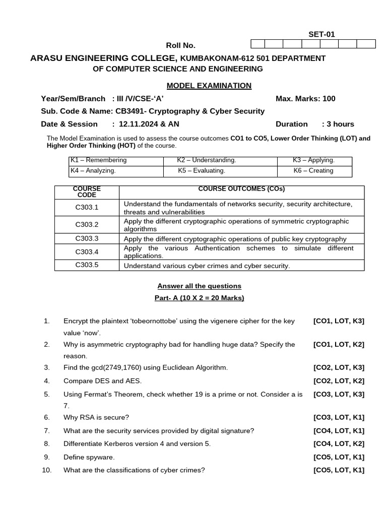 CCS Model Exam Paper - Cryptography | PDF | Cryptography | Public Key ...