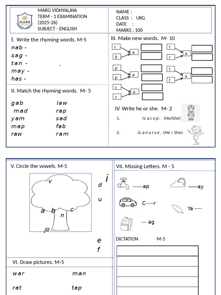 UKG English Worksheet for Term 1 | PDF