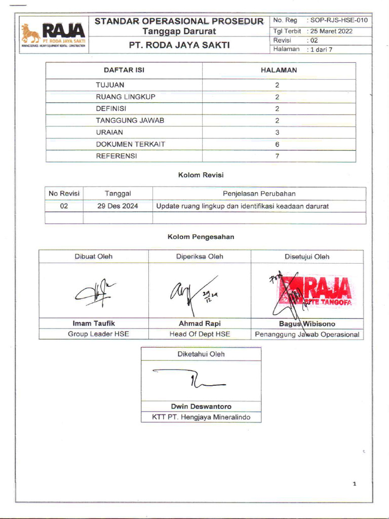 SOP RJS HSE 010 Tanggap Darurat | PDF