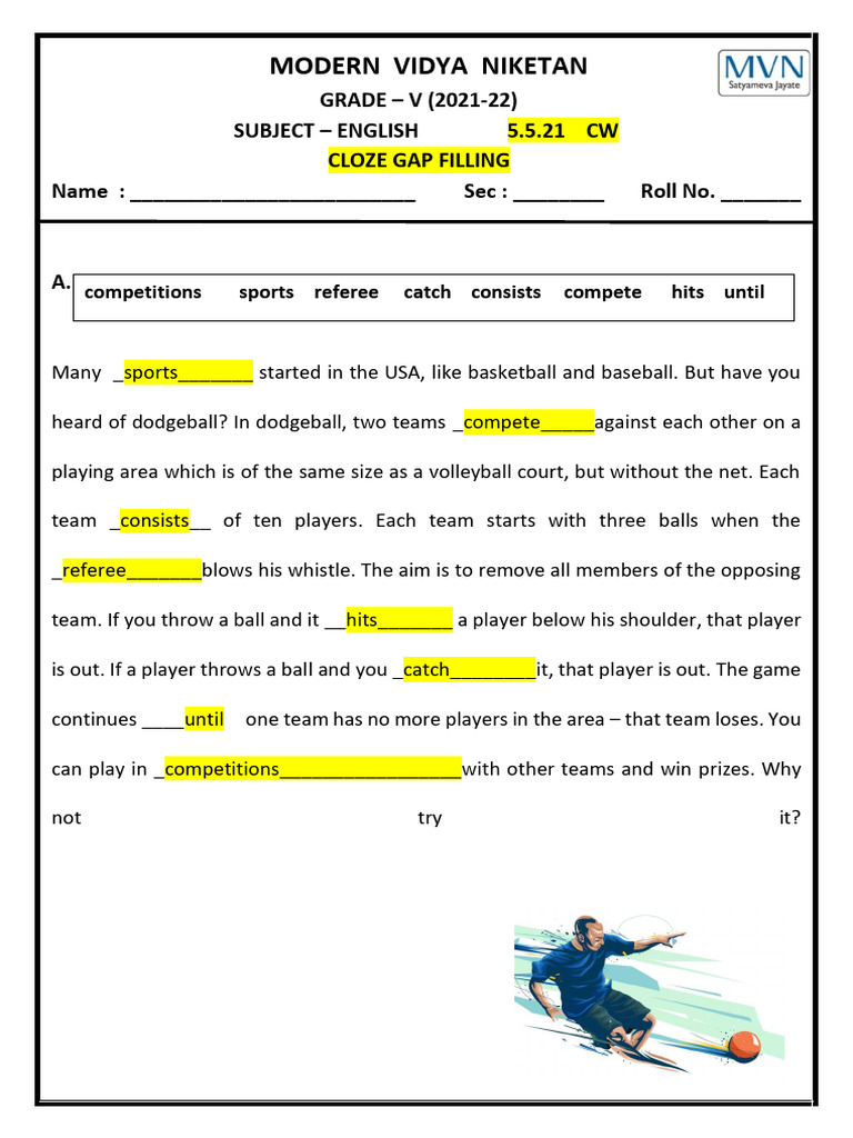 Cloze Gap Filling Exercises for Grade V | PDF | Games Of Physical Skill ...